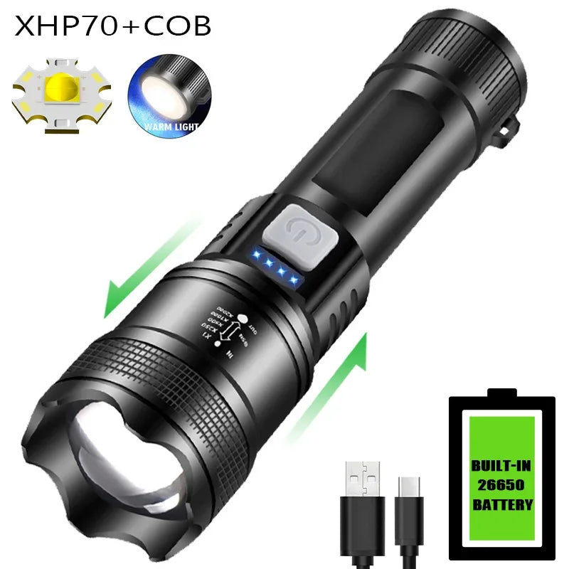 Powerful P70 Led Flashlights 5000LM Ultra Bright Tactical Light Emergency Spotlights Telescopic Zoom Light Builtin 18650 Battery