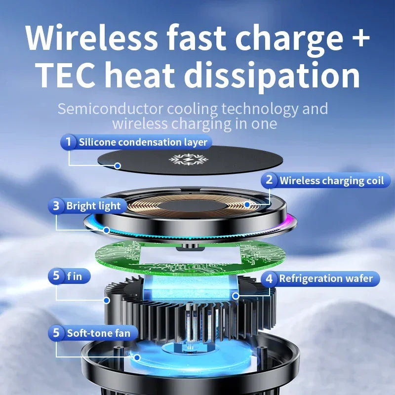 Ice Cooling Magnetic Wireless Car Charger Fast Charging Station for MagSafe iPhone 16 15 14 13 12 Pro Max Car Phone Holder Stand - Shoppiline