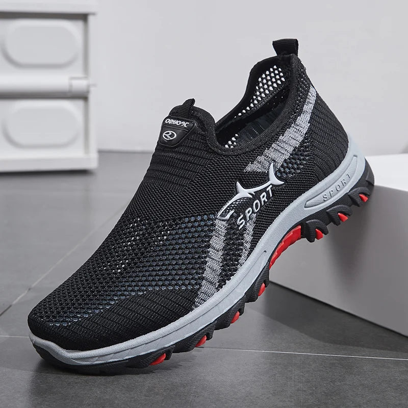 Men's Lightweight Slip-On Sneakers - Non-Slip Casual Shoes Suitable for Hiking, Everyday Wear, and Outdoor Adventures, Black Low-Top Fabric Design with Synthetic Sole, Round Toe, Ideal for Spring and Autumn, Hiking Gear