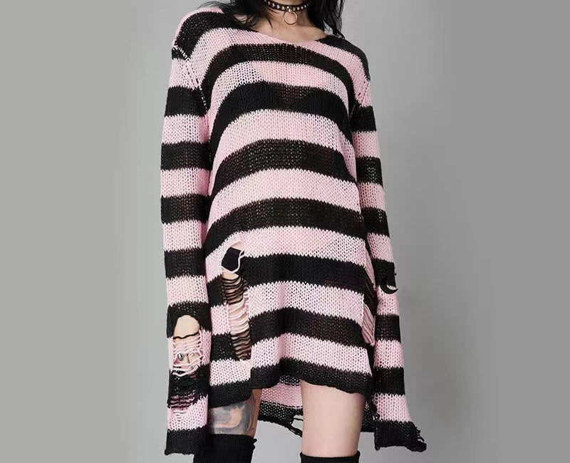 Nouveau Pull Long Unisexe Punk Gothique Été Femme Rayé Cool Creux Trou Cassé Pull Ample Rock Fin Sombre Streetwear Top