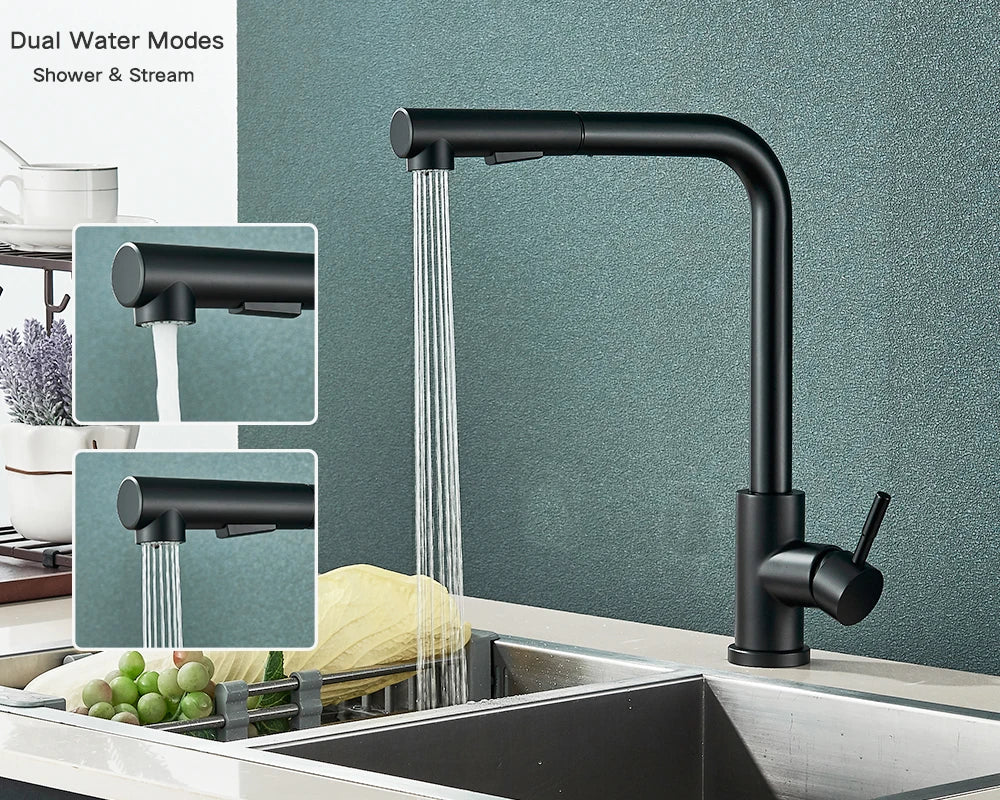 304 Stainless Steel Black Kitchen Faucet Two Function Single Handle Pull Out Mixer Hot and Cold Water Taps Deck Mounted