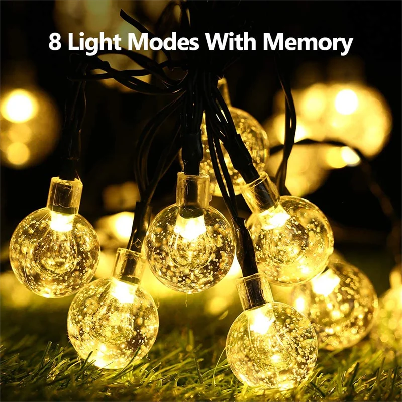 LED Solar Crystal Globe String Lights Warm White Light Outdoor Garden Patio Yard Pathway Party Decorative Fairy Light Waterproof