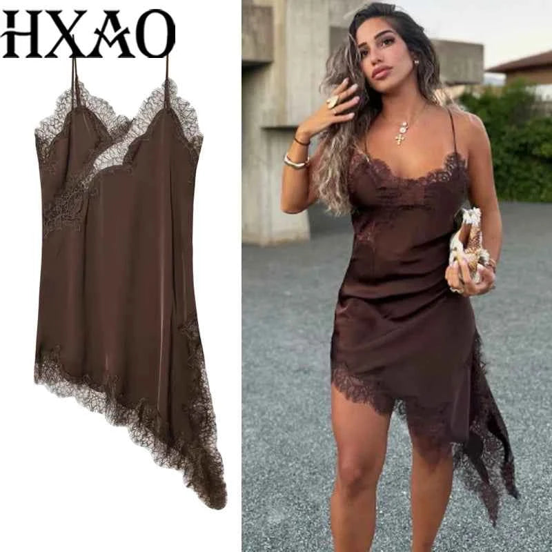 HXAO Asymmetrical Lace Dress Woman Sleeveless Slip Black Dress Summer Satin Party Dresses Backless Sexy Short Night Dresses