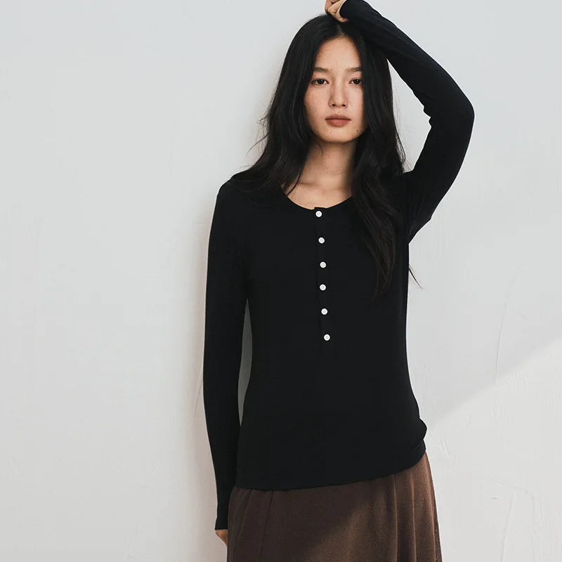 Silk Wool Basic Shirt For Women Autumn Winter Round Button Neck Slim Knitwear, Solid Color Striped Long Sleeve Top