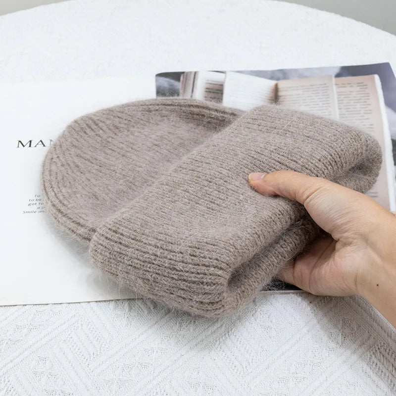 Bonnets d'hiver pour femmes en fourrure de lapin tricotés, bonnets épais à revers, bonnets amples et doux pour le ski.