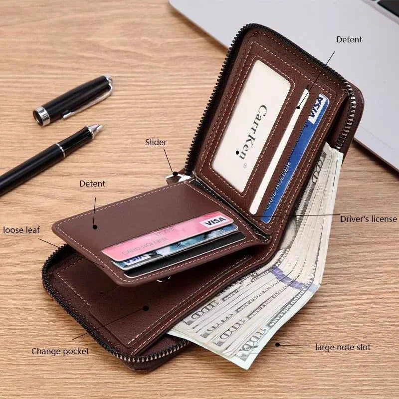 Men's PU Waxed Oil Leather Wallet Short Bifold Coin Purse with All-Around Zipper for Cash And Cards