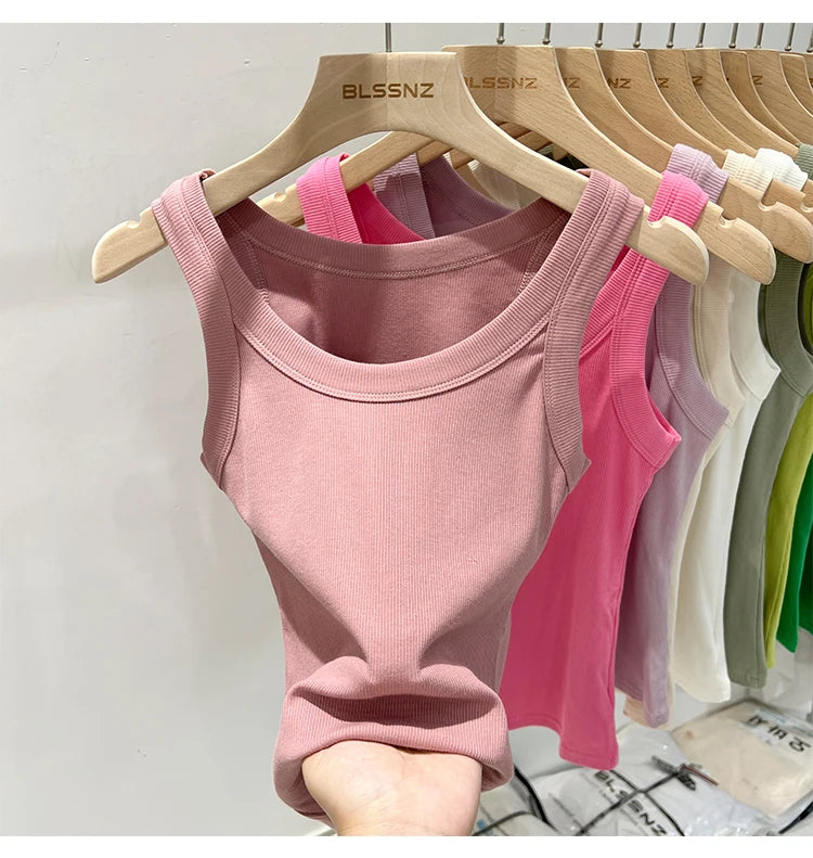 zjaiss Women Solid Round Neck Ribbed Tank Top Camisole Women 2026 Summer Basic Elastic Tank Top O Neck Solid Tank Top
