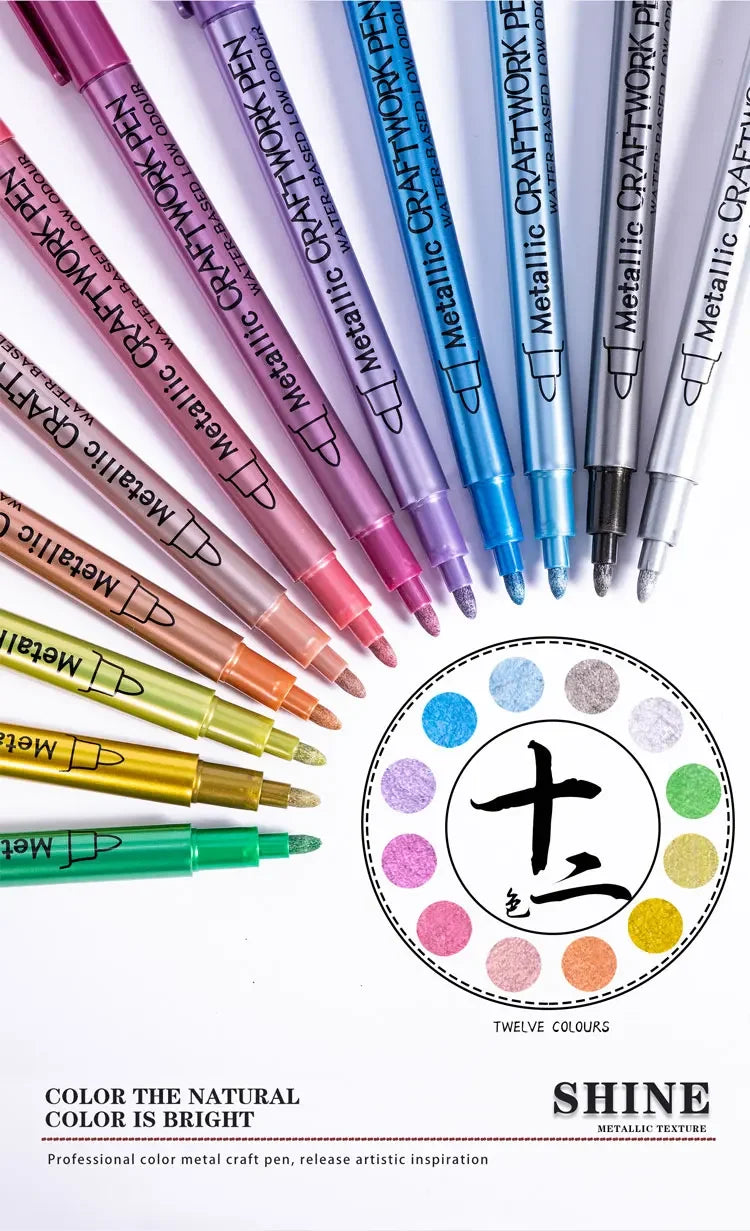 12 Colors Metallic Markers Pens Silver Gold Paint Pens for Black Paper, Glass, Rock Painting, Halloween Pumpkin Scrapbook Album
