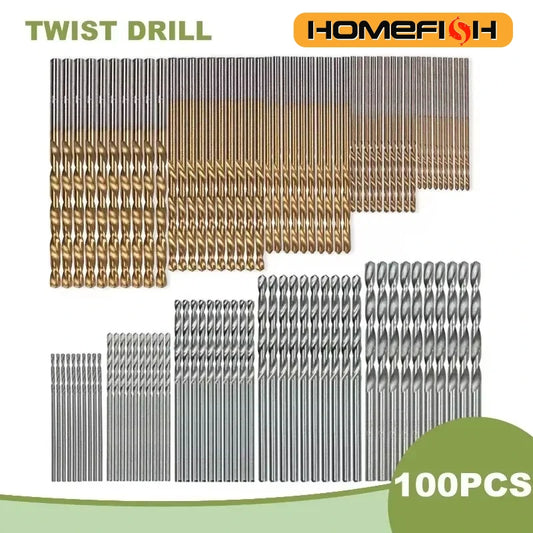 100PCS Twist Drill Bit Set 1-3mm Titanium Plated for Wood Metal Hand Electric Drill