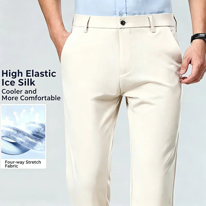 Mens Summer Stretch Straight Leg Business Dress Pants Breathable High Drape Trousers for Business Events