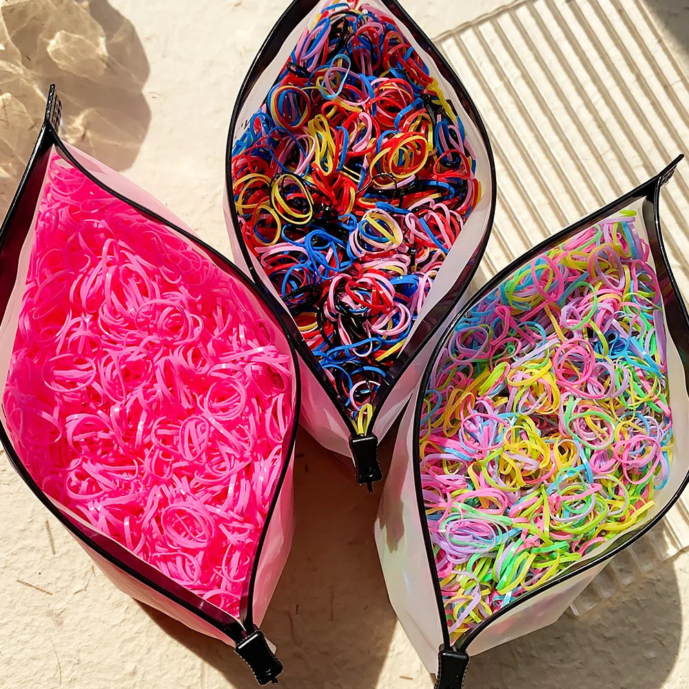 500/1000/2000 pièces élastiques en caoutchouc colorés jetables pour filles, serre-tête, attaches de queue de cheval, accessoires capillaires pour enfants