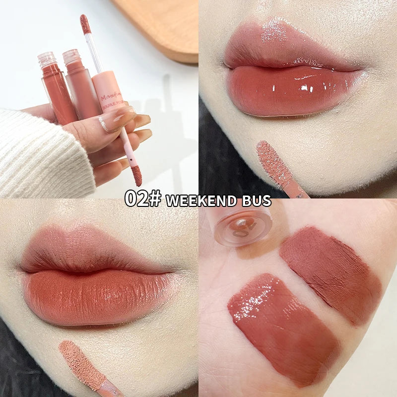 Doppelseitiger Lip Glaze Vollglanz Spiegel und mattes Samt Langzeit-Farbe und Feuchtigkeit Lip Gloss Anti-Flecken Kosmetik Lip Glaze