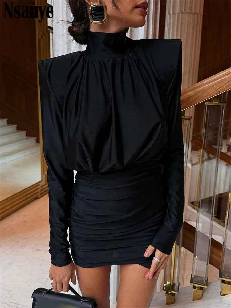 Nsauye Black Long Sleeve Mini Short Fashion Women Winter Dress Pullover Turtleneck Wrap Sexy Evening Party Night Club Dress 2025