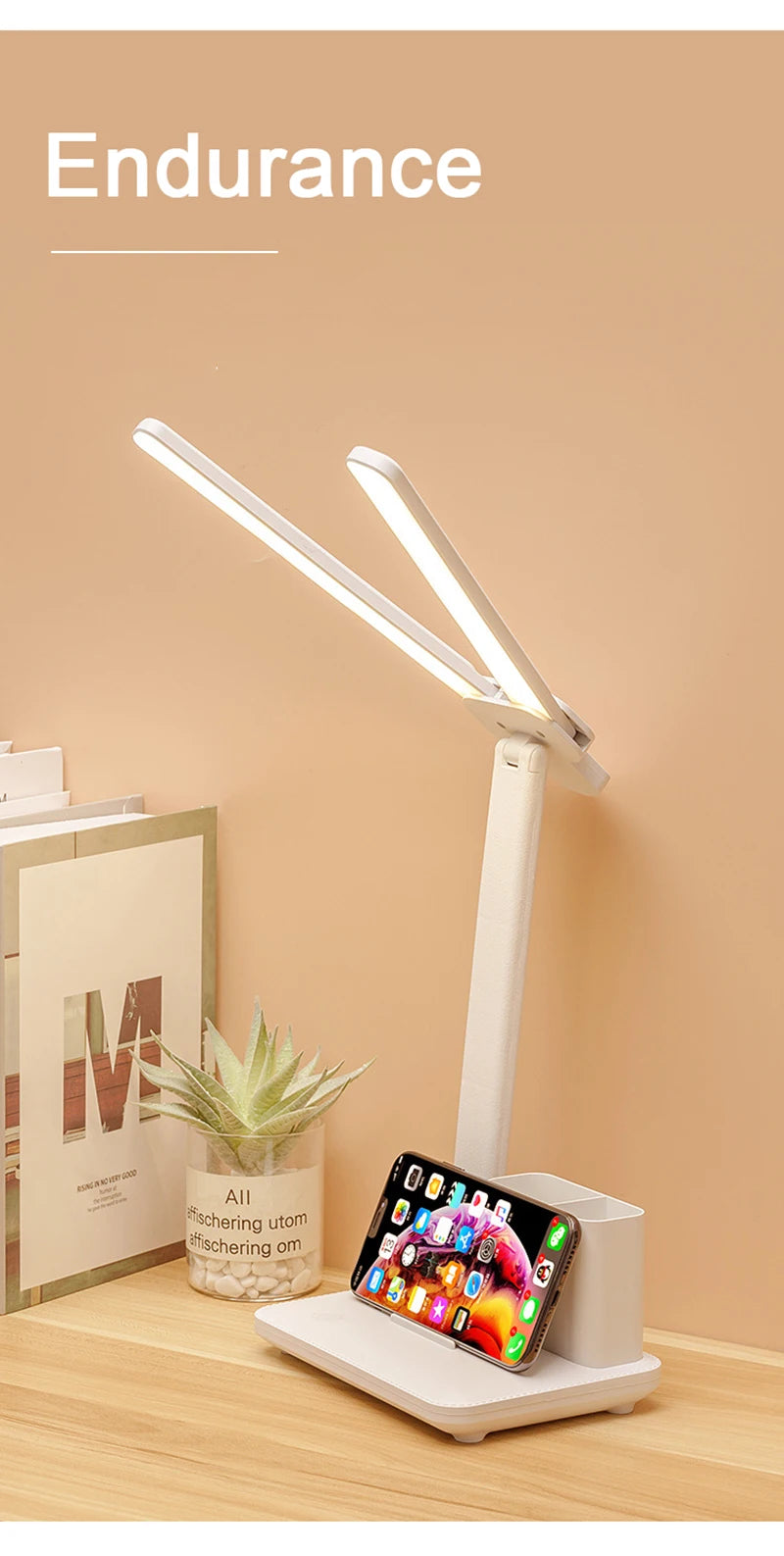 LED Table Lamp Double-Headed USB Chargeable Dimmable Desk Lamp with Calendar Clock Foldable Eye Protection Reading Night Light