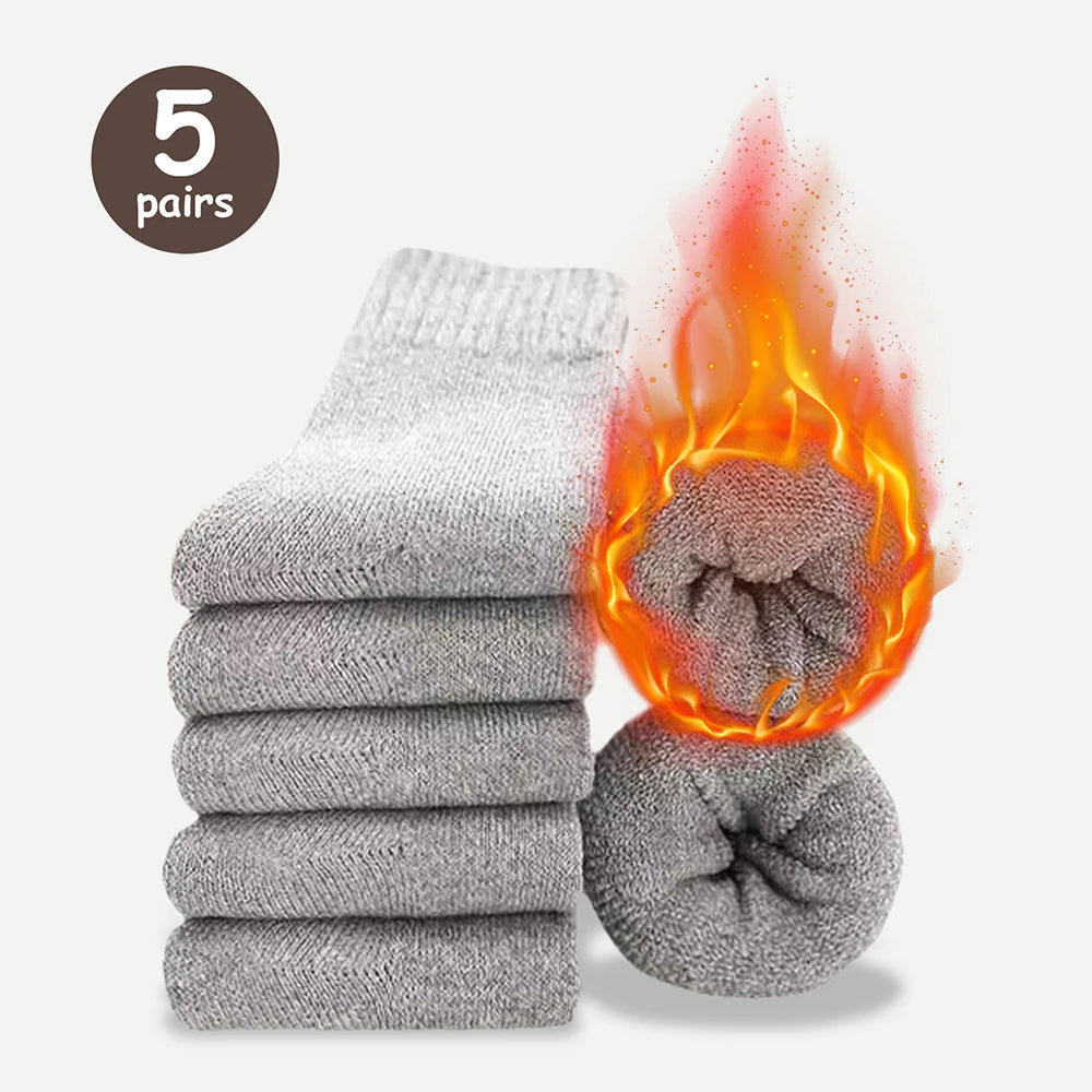 3/5 Pairs Men's Warm Socks, Thick Towel Mid-Calf Socks, Anti-Cold Snow Boots Socks Elastic Solid Color