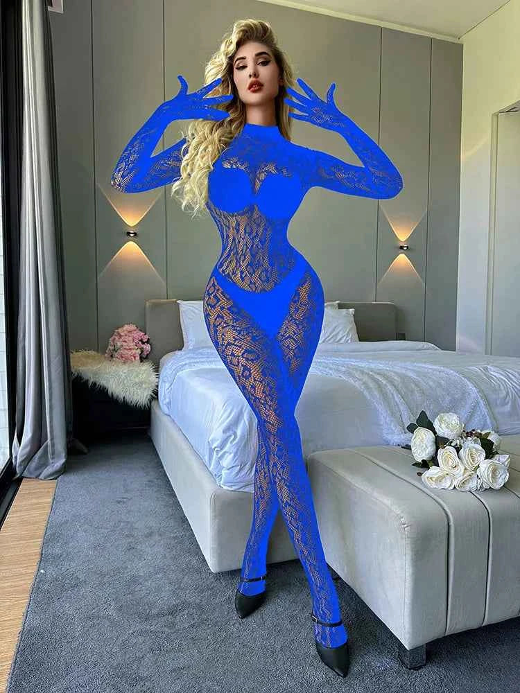 Sexy Lace See Through Bodysuit Long Sleeve Fishnet Jumpsuits Elastic Night Club Jump Suits for Women Sexy Pole Dancing Overalls