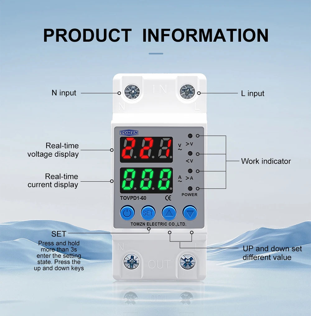 DIN Rail Dual Display Adjustable Over Voltage Current And Under Voltage Protective Device Protector Relay 40A 63A 80A 220V 230V