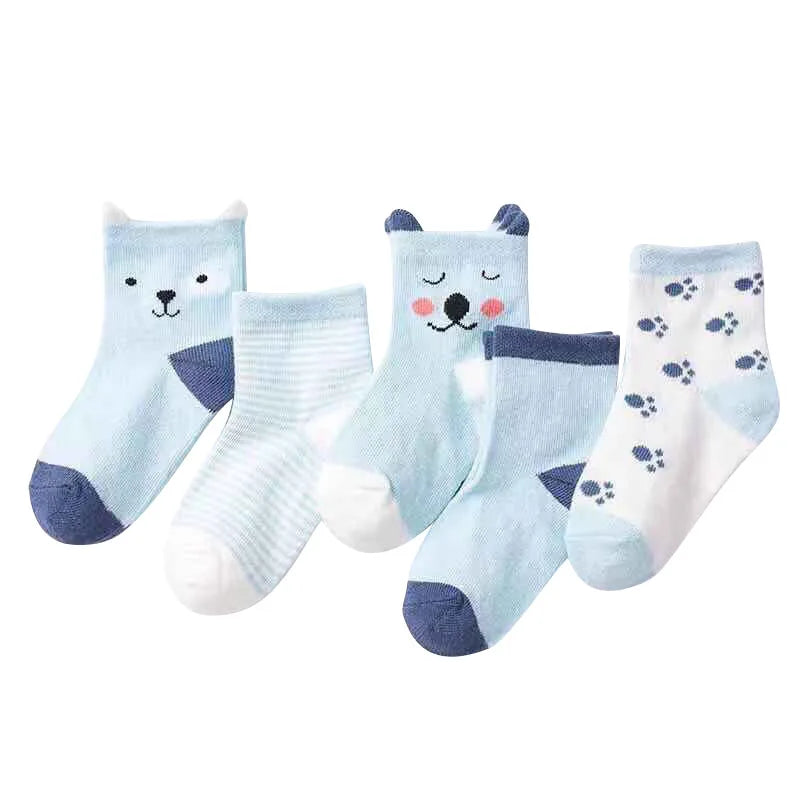 5 Paar Cartoon-Babysocken Frühling Herbst Streifen Punkte Mädchen Jungen Söckchen Weiche Kleinkind Kinder Kurze Socken