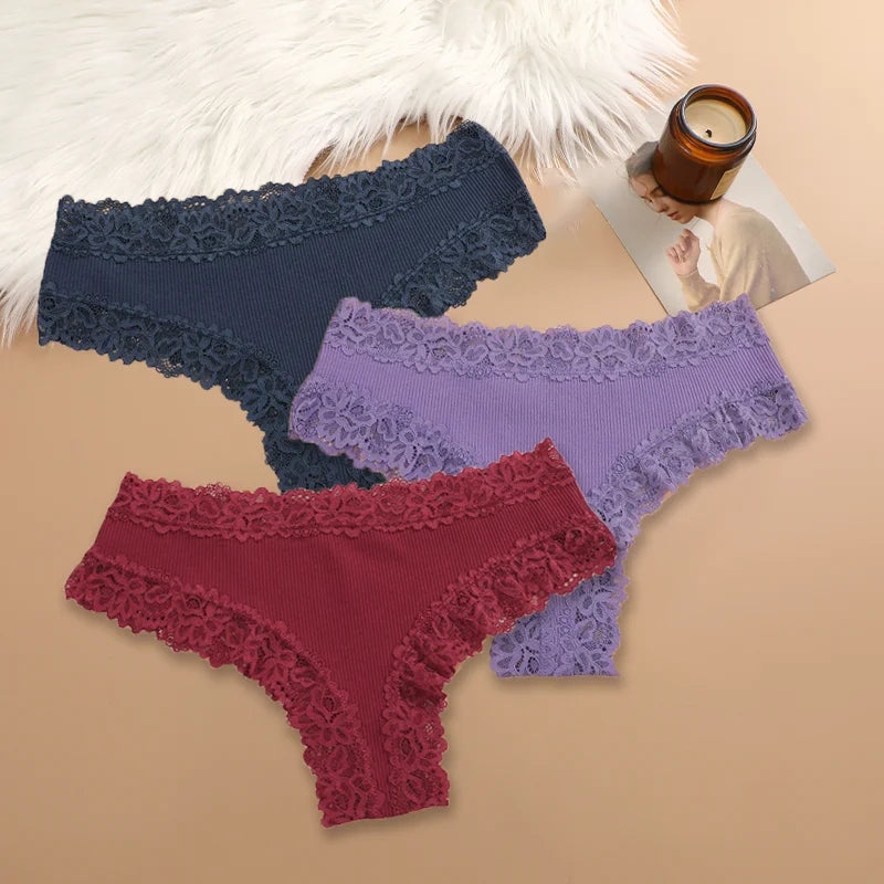 3Pcs/set Women Cotton Panties Floral Lace Intimate Underwear Trendy Patchwork Lace Briefs Female Soft Underpants Lingerie S-XL