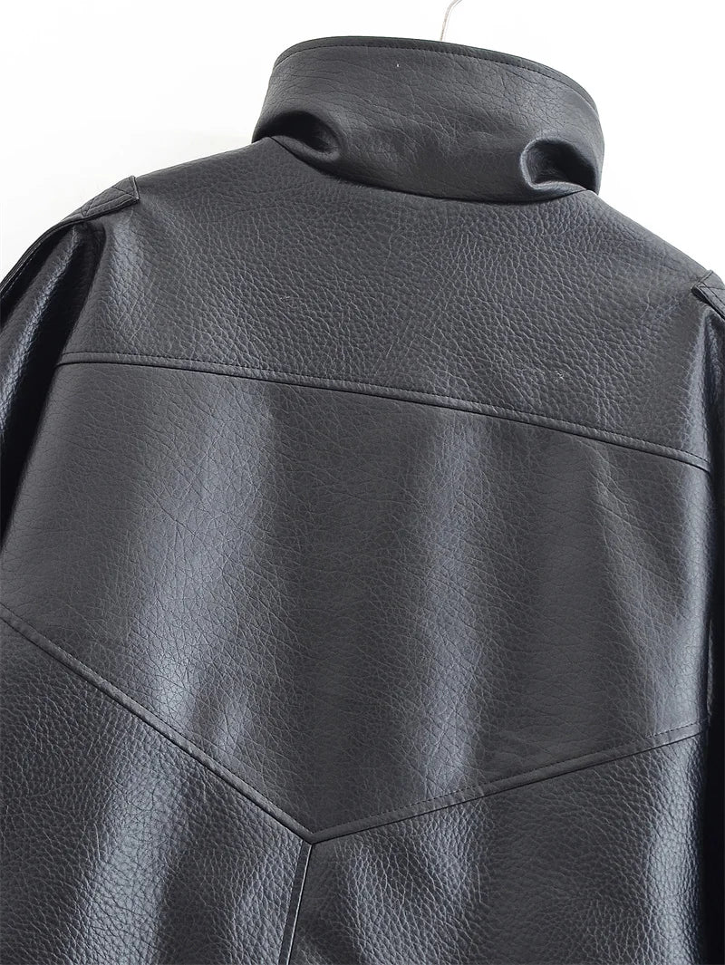 Women's Jacket 2026 Autunm  New Black Long Sleeve Pebble Faux Leather Jacket Motorcycle Style Personality Fashion