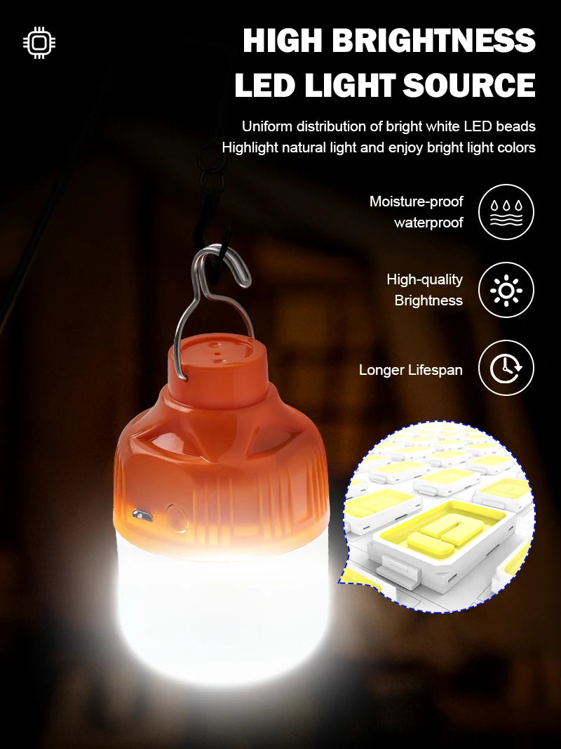 Outdoor USB Rechargeable LED Lamp Bulbs Super Bright Emergency Light with Hook Portable Camping Fishing Lantern Night Lights