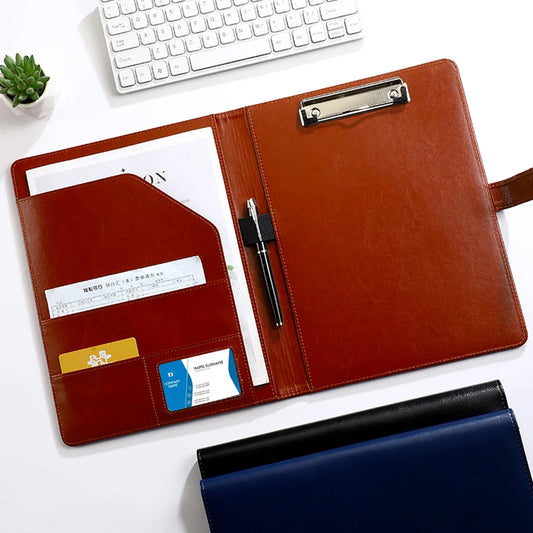 1Pc Texture PU Leather Multi-Functional Folder A4 Clip Pen Holder Card Slots - Business Office Meeting Organizer for Bank/Sales - Shoppiline