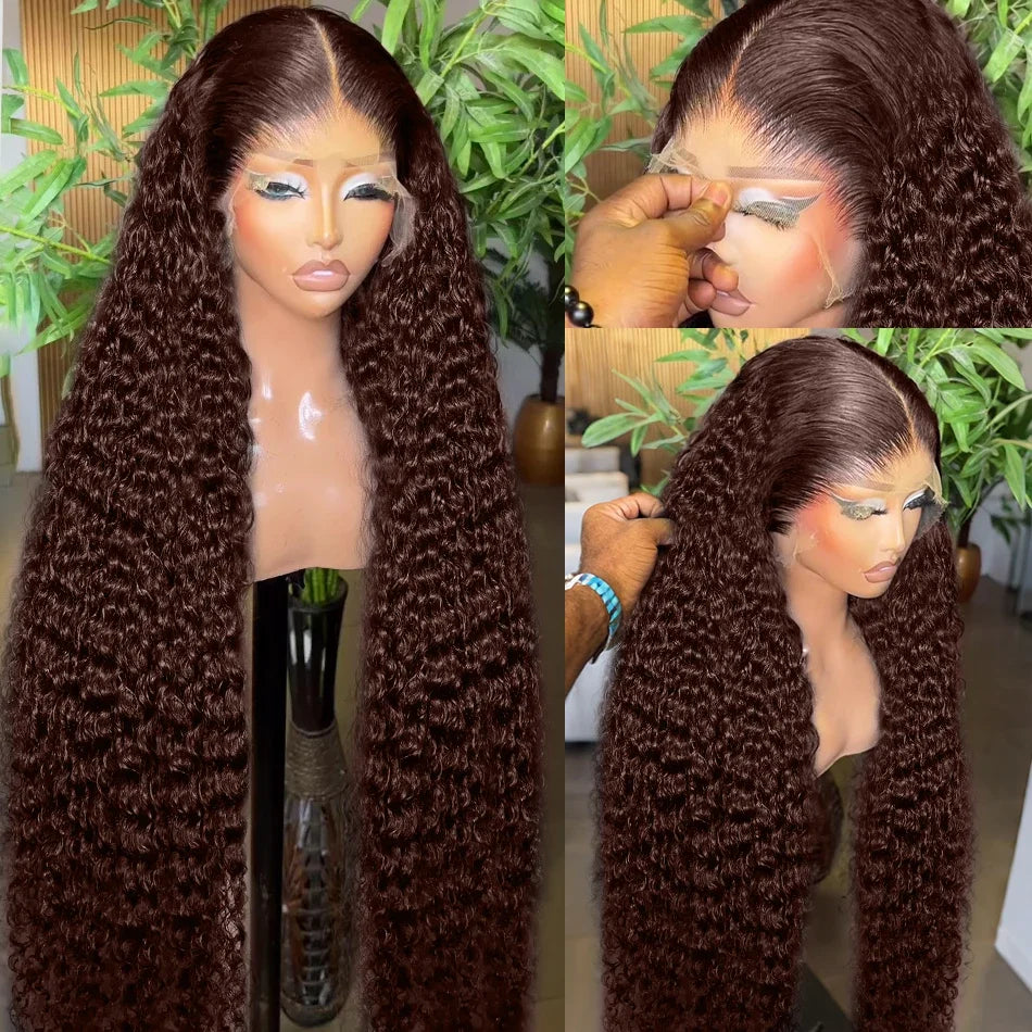 Schokobraune Deep Wave 13x6 Lace Front Perücke Echthaar Wasserwelle 250% Dichte Lockige Perücke Echthaar Braune Perücken Vorgezupft