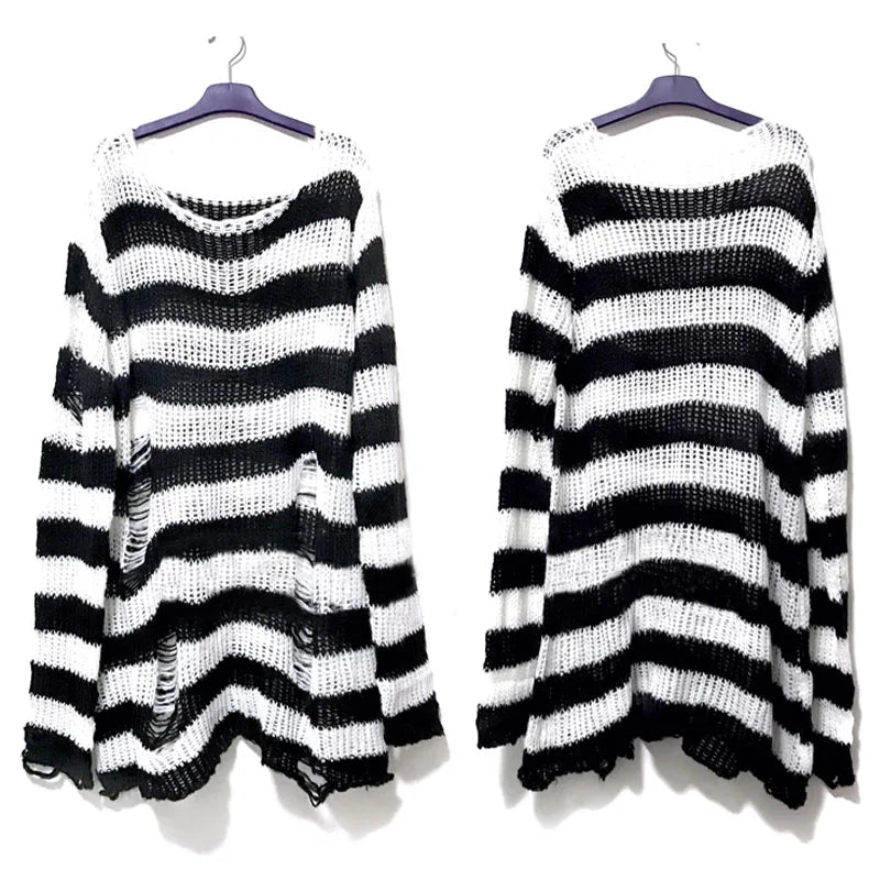 Nouveau Pull Long Unisexe Punk Gothique Été Femme Rayé Cool Creux Trou Cassé Pull Ample Rock Fin Sombre Streetwear Top