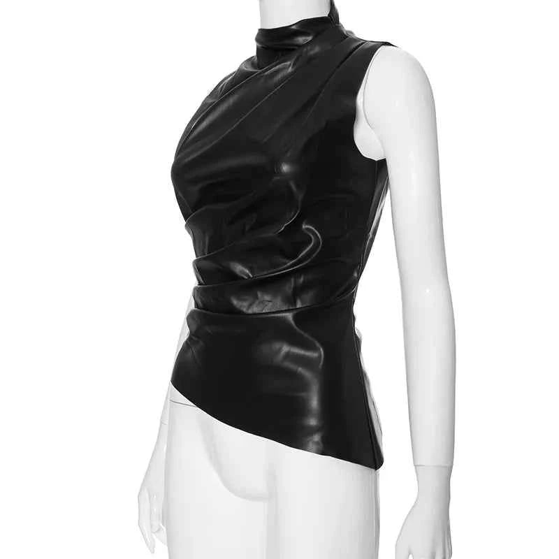 Burgundy Leather Tops Women Fashion Ruched Bodycon Crop Top Summer Sexy Sleeveless Irregular Night Club Party Tanks 2024 Black