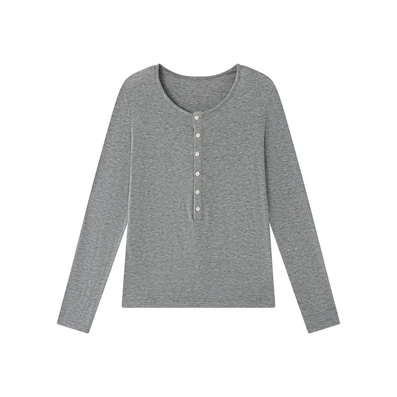 Silk Wool Basic Shirt For Women Autumn Winter Round Button Neck Slim Knitwear, Solid Color Striped Long Sleeve Top