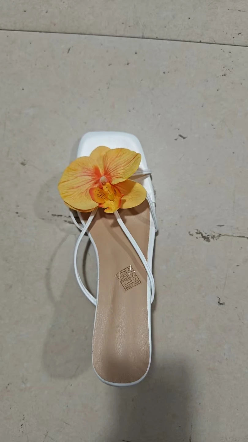 Orchid Flower Summer New High Heeled Women White Pink Blue Purple Floral Heels Square Toe Prom Slipper Slingback Shoes for Women