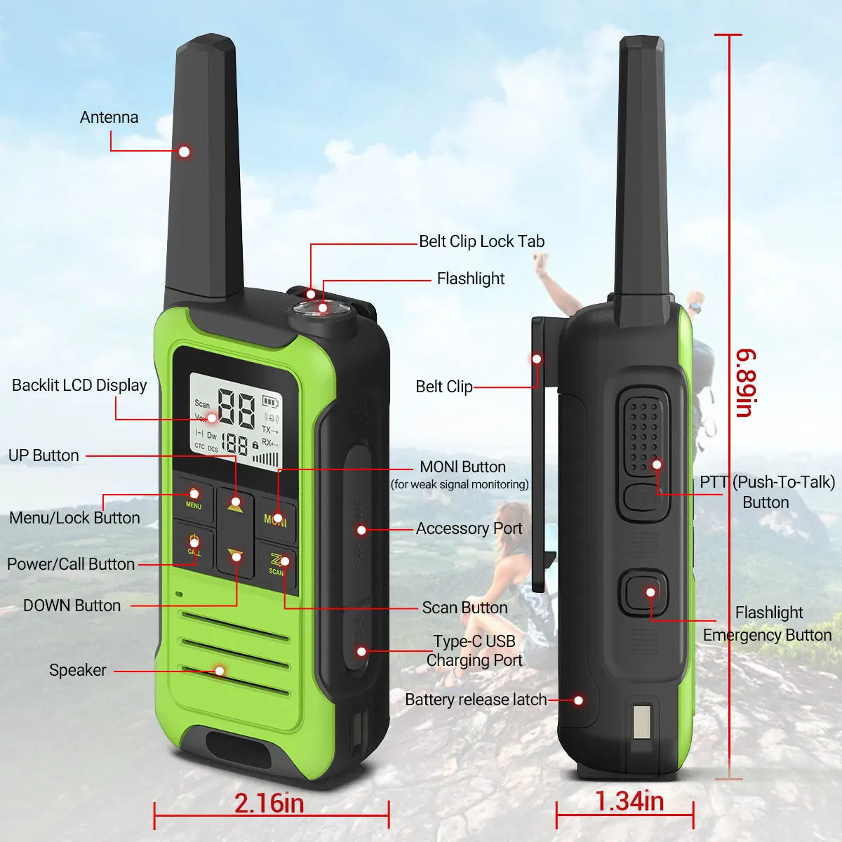 2pcs Baofeng F22 Mini Walkie Talkie PMR Long Range Rechargable Portable Kids Two Way Radio Type-C Charger for Camping Trip - Shoppiline