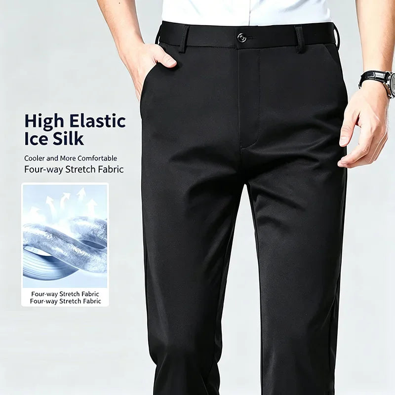 Mens Summer Stretch Straight Leg Business Dress Pants Breathable High Drape Trousers for Business Events