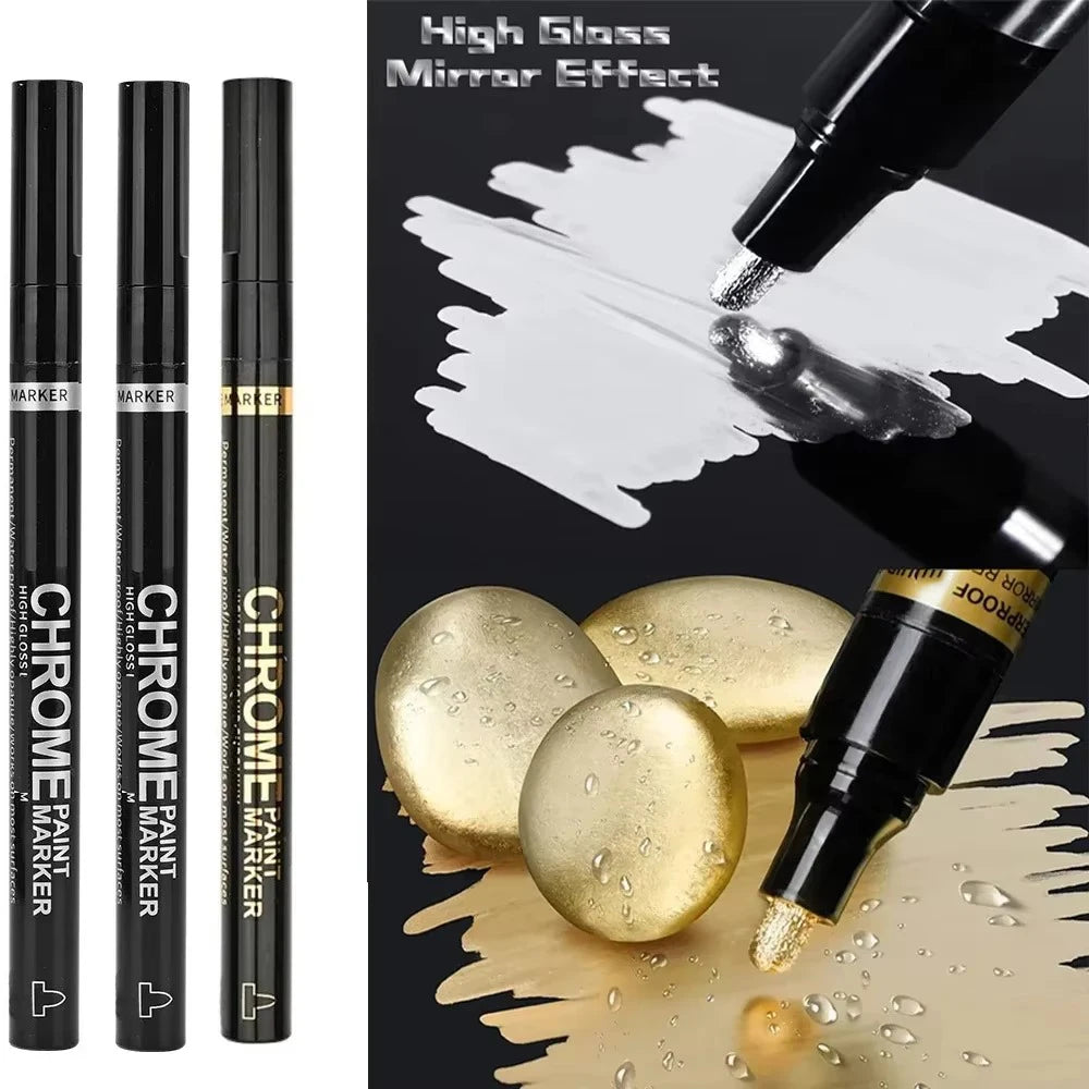 5/1pcs Chrome Pen Marker Mirror Waterproof Paint Repair For Rock Ceramic Glass Metallic Gold/Silver 2mm Nib - Shoppiline