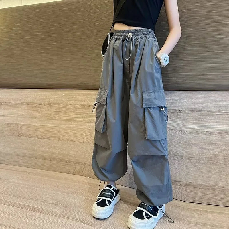 Girls Loose Joggers Pants Teen Casual Straight Cargo Trousers Fashion Children Pockets Design Streetwear Big Kids Pants 5-14 Yea