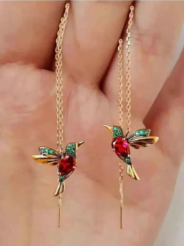 Hummingbird Red CZ Long Earrings For Women Gold Color Metal Green Stone Red CZ Wing Spreading Drop Earring Wedding Party Jewelry