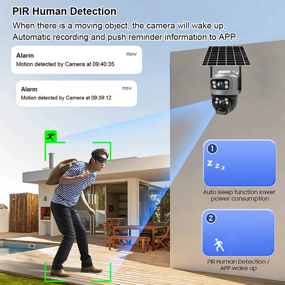 V380 Dual Lens 4G Camera Solar PIR Human Detection Night Vision Waterproof Security Video IP Camara 8MP 4K Battery CCTV Monitor - Shoppiline
