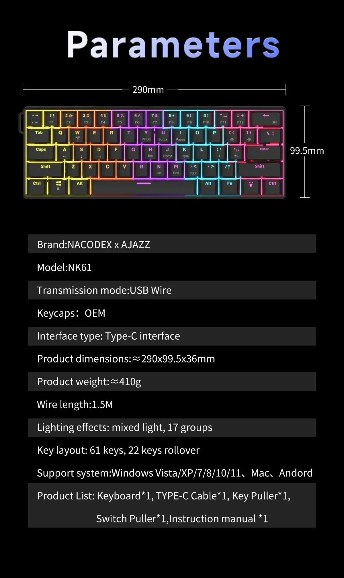 AJAZZ NK61 Wired Mechanical Keyboard 61 Keys 60% Compact  Hot Swappable Red Switch RGB Backlit Portable for Gaming Laptop Gamer
