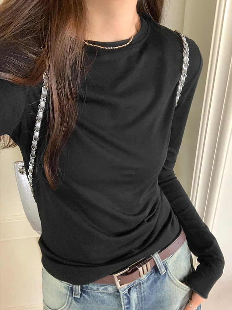 Spring Autumn T shirt Women Tops Solid Long Sleeve Ruched O Neck Tshirts Female Korean Casual Streetwear High Quality Base Tees