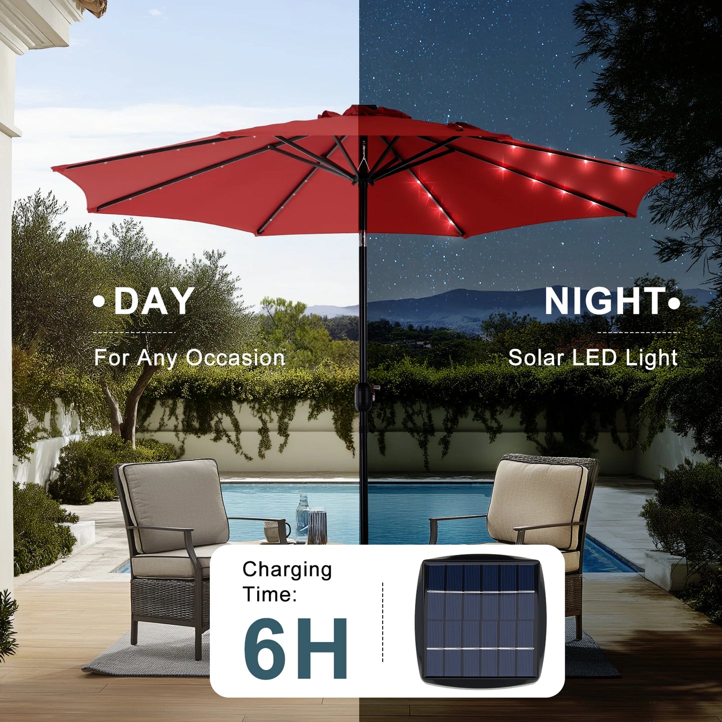 JHK 3m Solar-Sonnenschirm mit 32 LED-Leuchten, UV-beständiger Gartenschirm mit Neigungs- und Kurbelfunktion für Garten und Terrasse