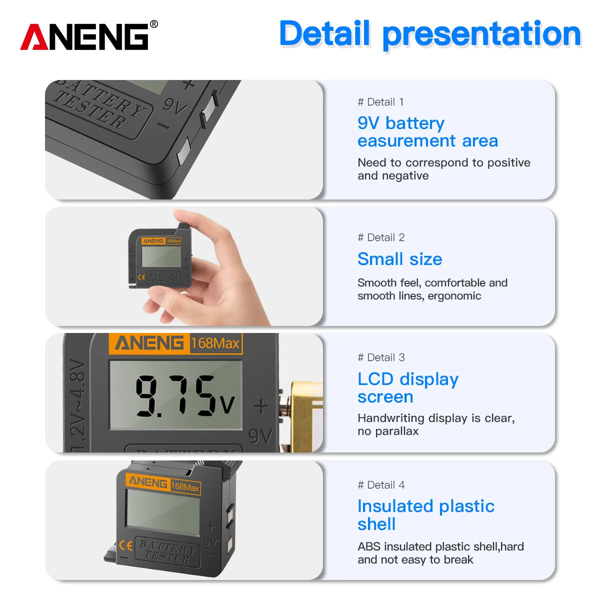 Universal Lithium Battery Tester ANENG 168Max Capacity Test Checkered Load Analyzer Check AAA AA Button Cell Home Essential Tool