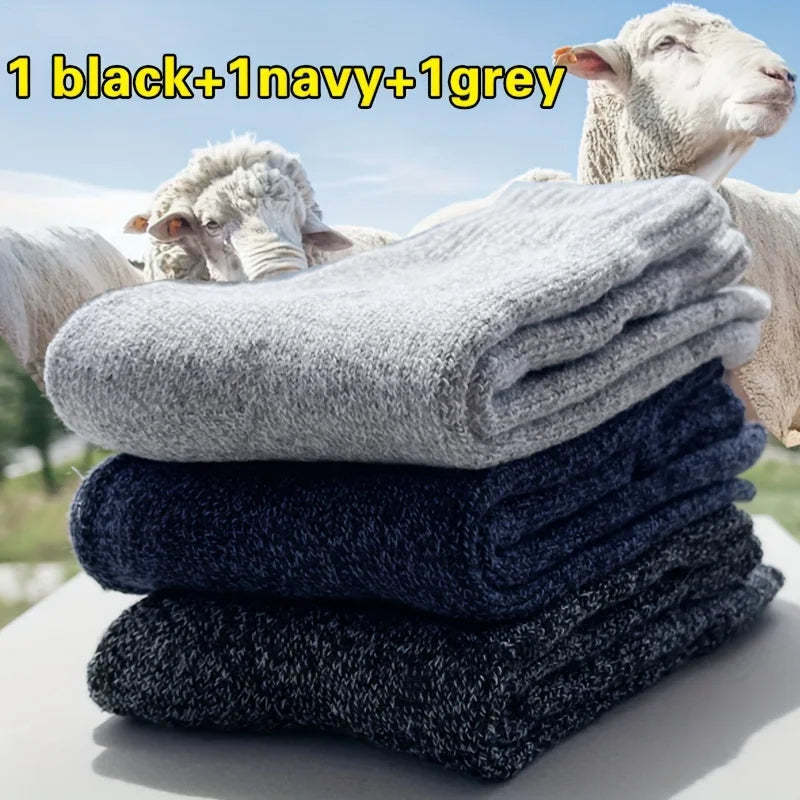 3/5 Pairs Men's Warm Socks, Thick Towel Mid-Calf Socks, Anti-Cold Snow Boots Socks Elastic Solid Color