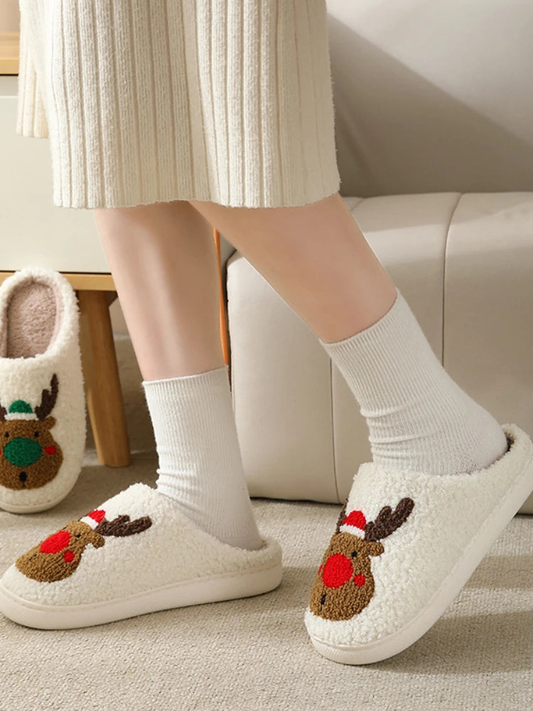 Weihnachten Elch Baumwollhausschuhe für Damen Herren Winter Süße Cartoon Zuhause Rutschfeste Paar Bodenhausschuhe Indoor Plüschschuhe 20