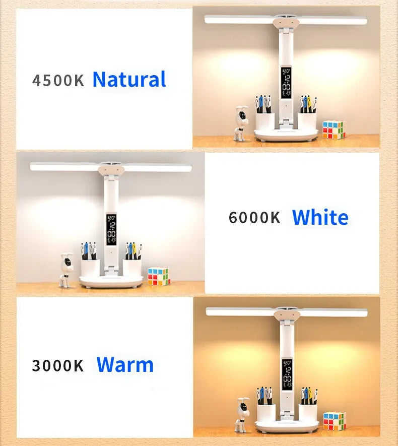 LED Table Lamp Double-Headed USB Chargeable Dimmable Desk Lamp with Calendar Clock Foldable Eye Protection Reading Night Light