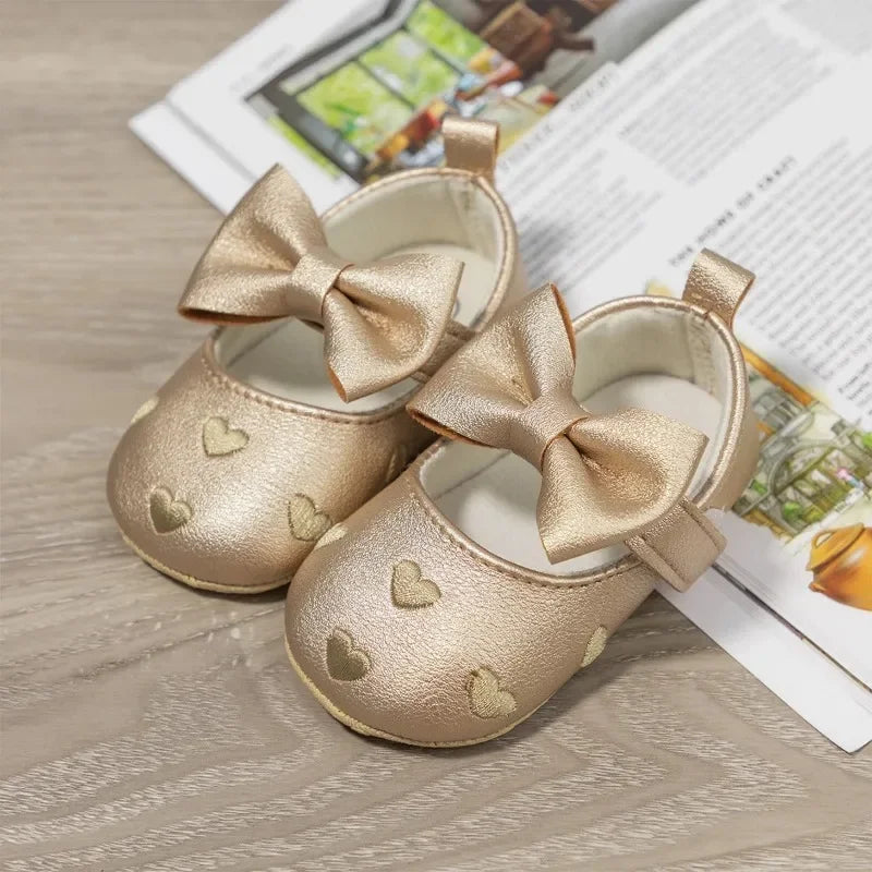 Baby-Mädchen Lauflernschuhe für drinnen 0-18 Monate, weiche Baumwollsohle, rutschfest, mit Schleifenstickerei, Klettverschluss-Schühchen