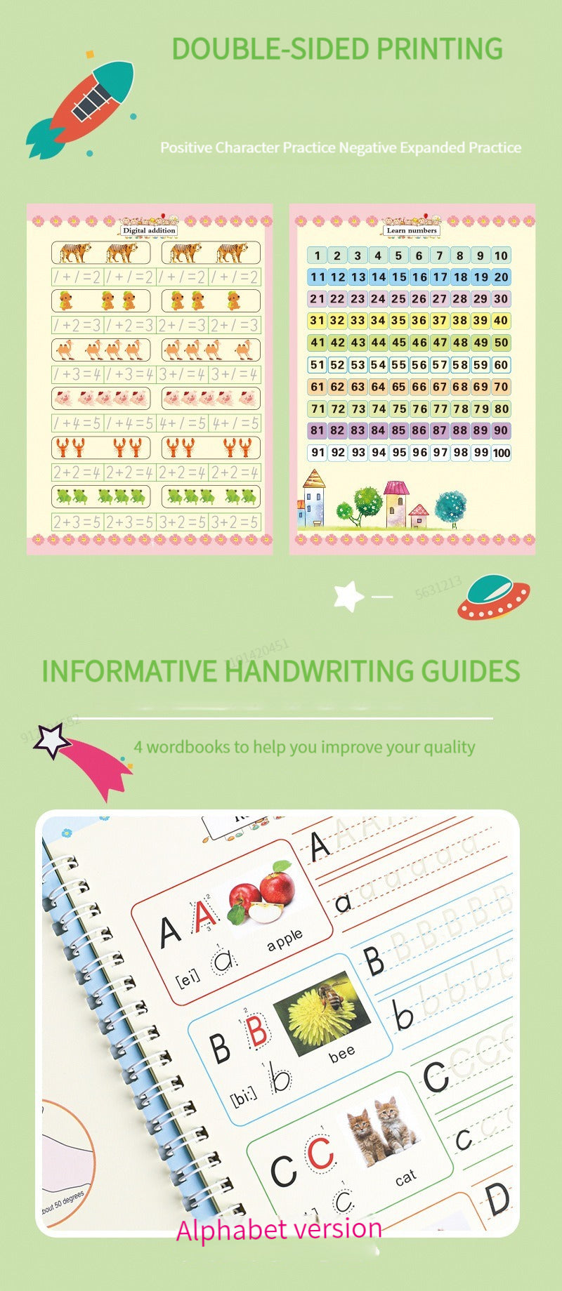 4 Bücher Englisch Übungsheft Zauberstift Nachfüllpackung Automatisch Verschwindende Tinte Kinder Schreibaufkleber Übung für Kinder Erleuchtungsgeschenk