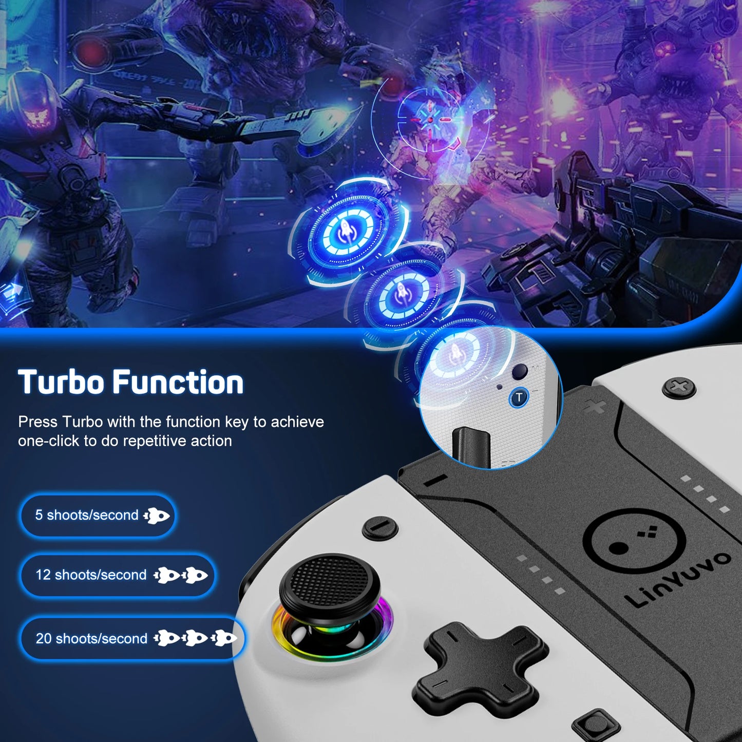Manette sans fil LinYuvo KS37 Meteor Light pour Switch/Switch OLED, avec fonctions programmables, gyroscope 6 axes, Turbo et vibration