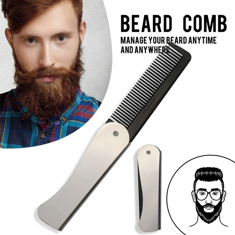1pc Foldable Anti Static Pocket Steel Comb Men's Oil Head Portable Beard Comb Foldable Styling Tool Special for Real Hair Wigs