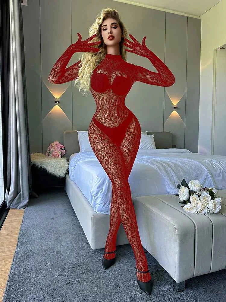 Sexy Lace See Through Bodysuit Long Sleeve Fishnet Jumpsuits Elastic Night Club Jump Suits for Women Sexy Pole Dancing Overalls