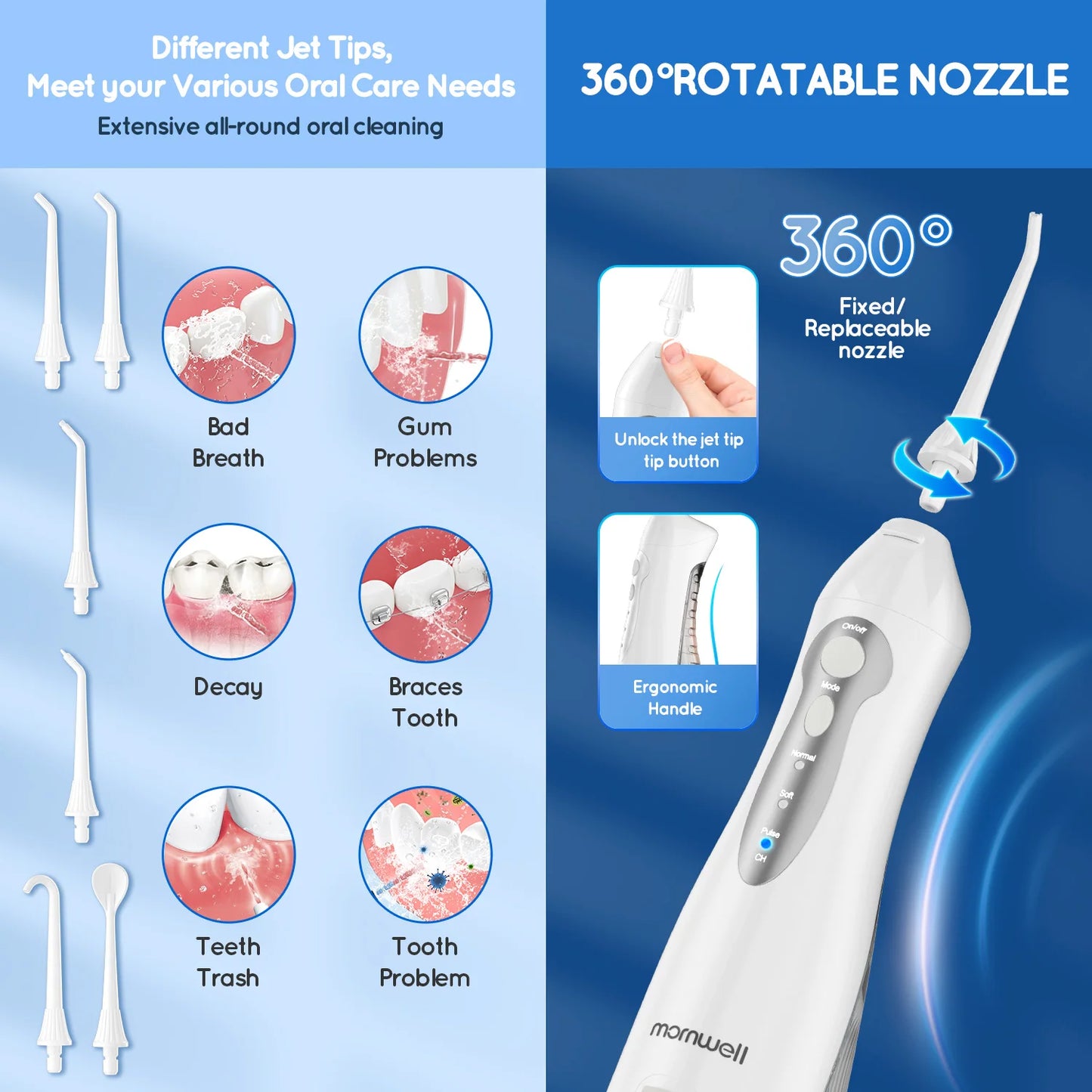 Mornwell Water Flosser Teeth Picks 4 Jets 3 Modes Portable Cordless D52 Water Floss For Teeth Cleaner IPX7 Waterproof Oral Picks